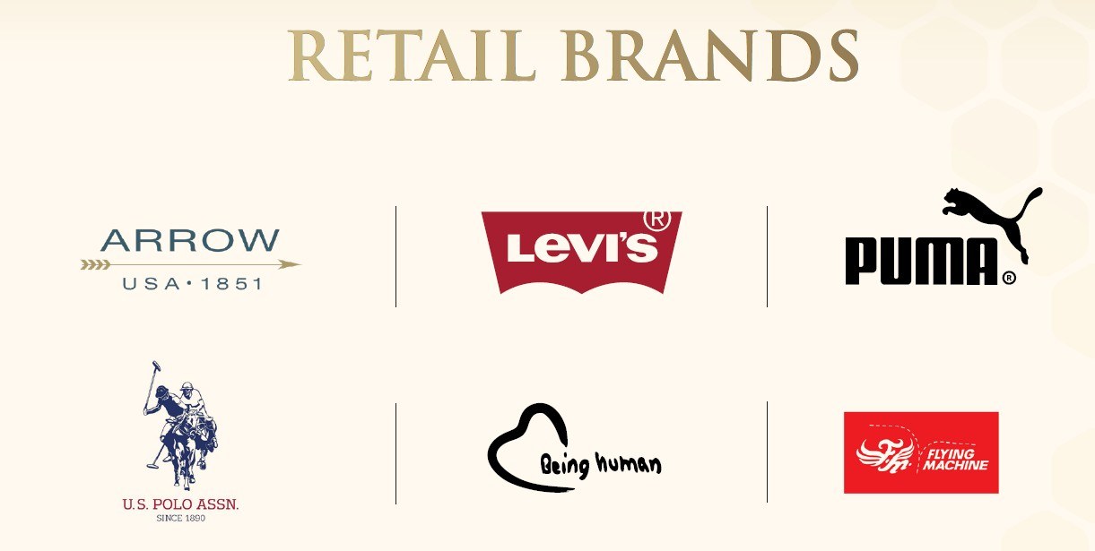 Retail fashion brands at The Hive Mall Hapur — Arrow, Levi's, Puma, U.S. Polo Assn., Being Human, Flying Machine
